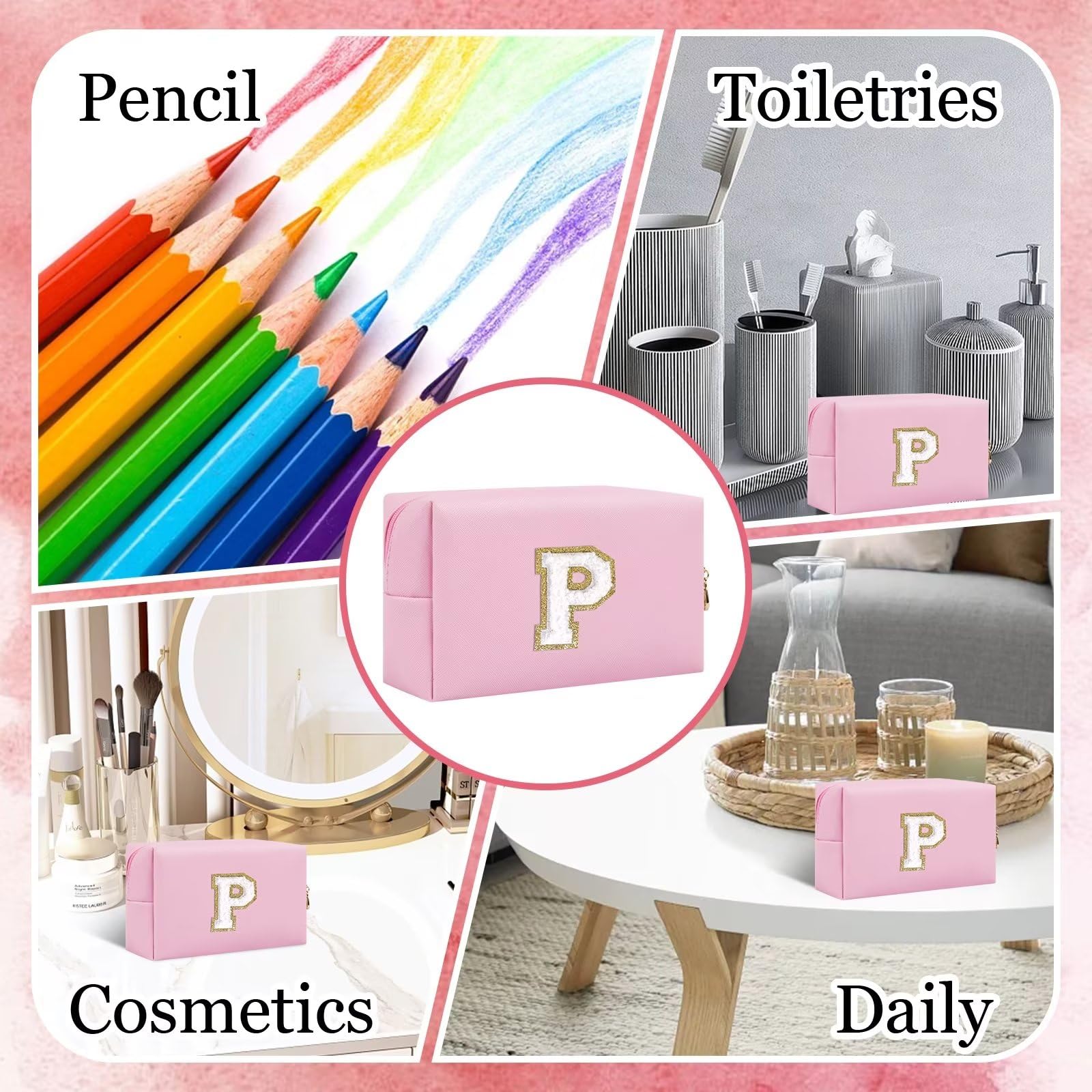 Small Personalized Letter Makeup Bag, Cute PU Leather Chenille Letters Cosmetic Bag Travel Makeup Pouch, Preppy Travel Organizer Zipper Pouch for Women&Girls（Pink-P）
