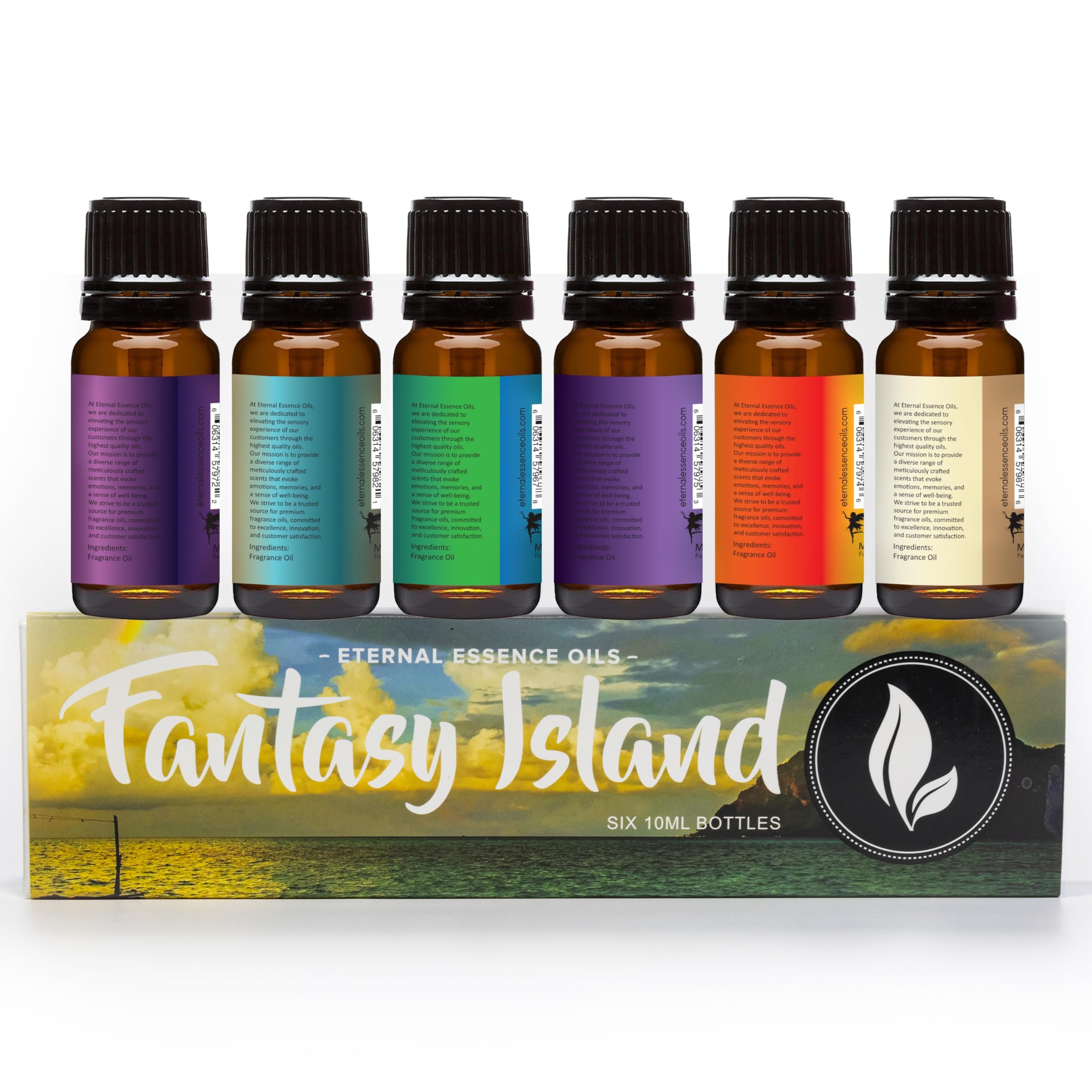 Eternal Essence Oils Fantasy Island Set of 6 Premium Fragrance Oils - Includes Freesia, Dark Amethyst, Blue Sage, End of The Rainbow, White Sand, and Seaside Citrus Scented Oils - 10ML