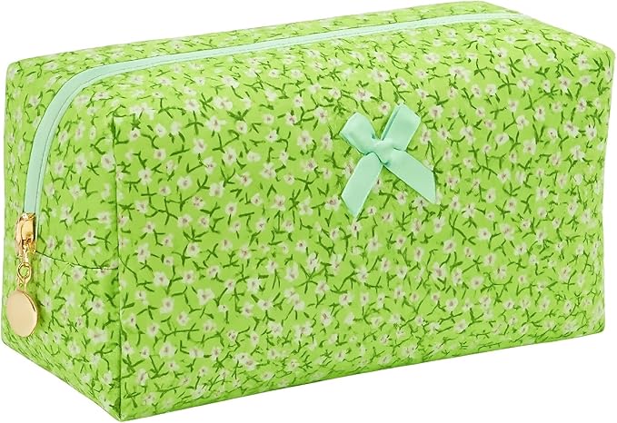 OIMEI Floral Quilted Cotton Makeup Bag for Women, Large Capacity Travel Cosmetic Pouch with Zipper, Cute Toiletry & Brush Organizer, Kawaii Makeup Storage Case – Green Floral