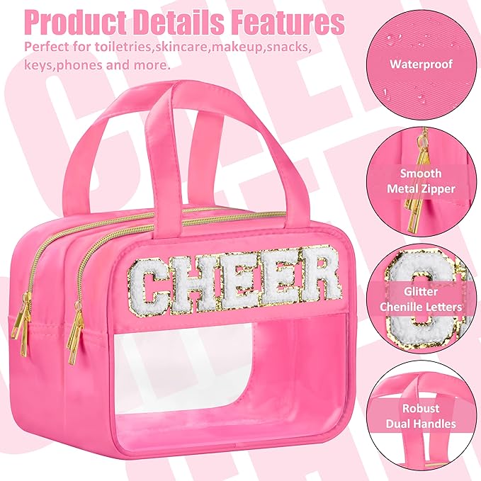 BuyCard Cheer Chenille Letter Bags Clear Makeup Bag for Travel, Cheerleader Gifts Cosmetic Bag with Handles and Zipper, Nylon & PVC Waterproof Large Cheer Accessories Toiletry Bag for Women