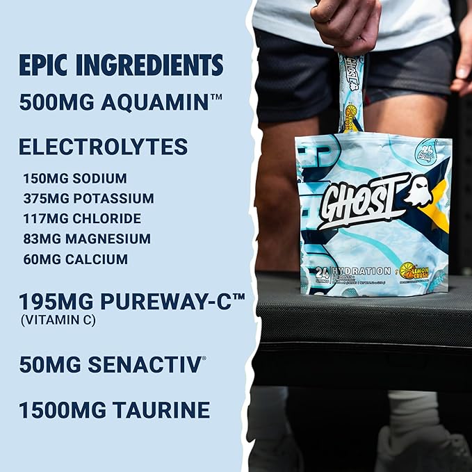 GHOST Hydration Sticks, 24 Electrolyte Powder Packets, Lemon Crush