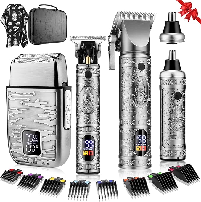 QREEYX Hair Clippers for Man T-Blade Trimmer Nose Hair Trimmer Electric Shaver Set, Professional 4 in 1 Barber Clippers Set for Haircut, Men’s Grooming Kit with LCD Display, Ideal Gift for Him