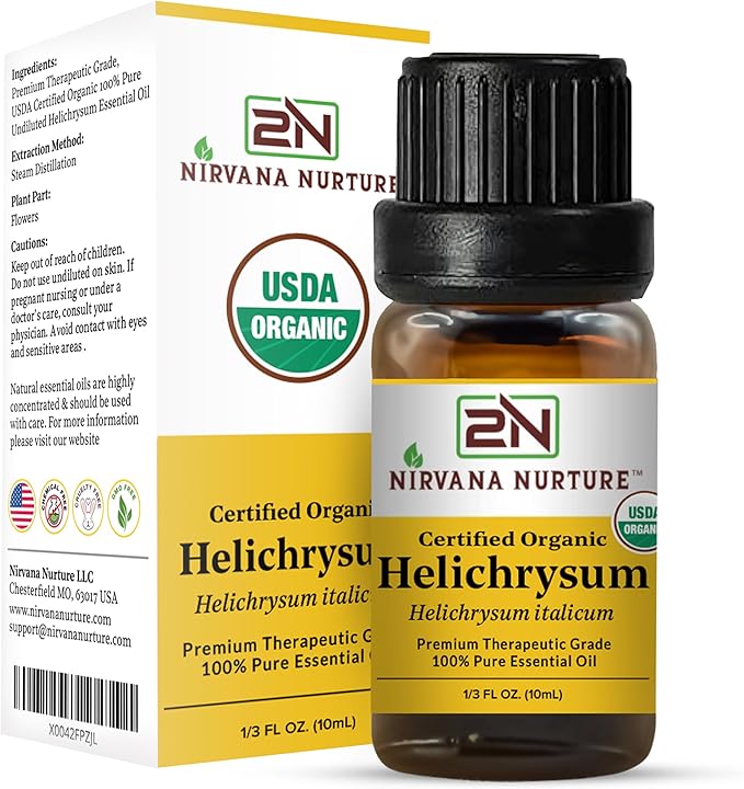 Nirvana Nurture Helichrysum Essential Oil, USDA Certified Organic, 100% Pure Undiluted, Aromatherapy Oil for Diffuser, Hair & Skin Care