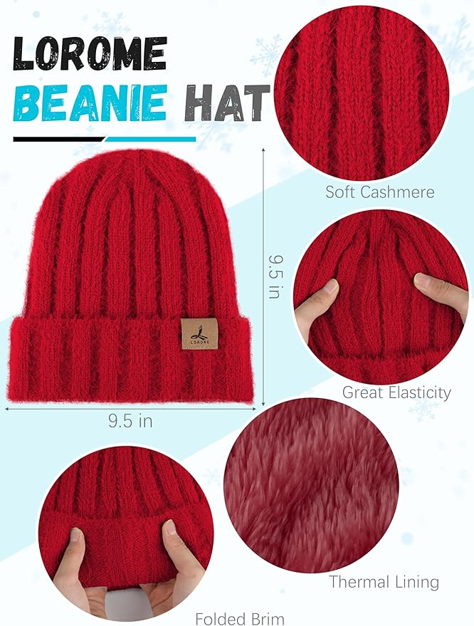 LOROME Winter Beanie Hat Gloves Scarf, Cashmere Hat Gloves Scarf Set Women