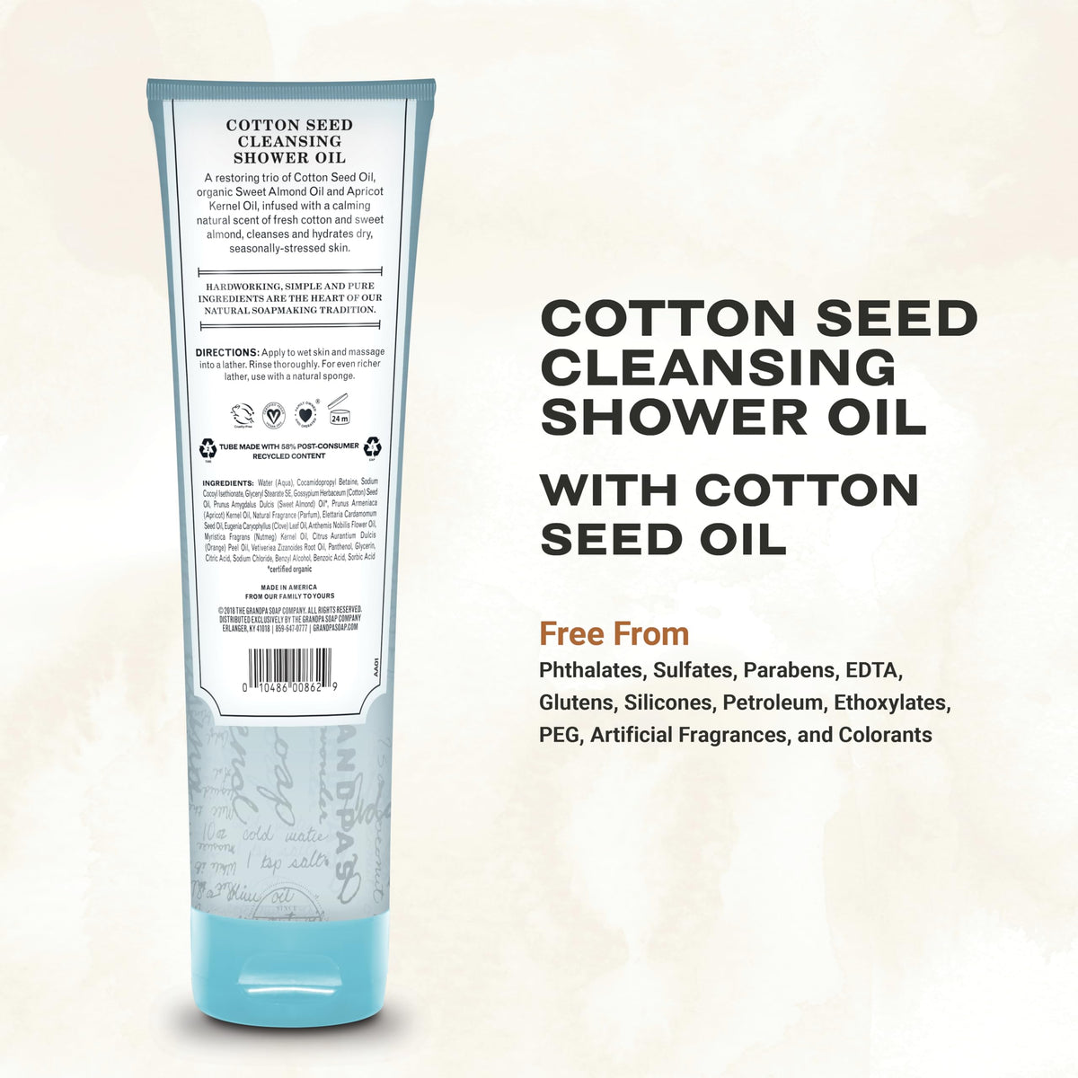 Grandpa's Cottonseed Oil Body Wash by The Soap Company | Cottonseed + Organic Sweet Almond Oils | Clean, Vegan & Cruelty Free Formula | Nourishing Body Soap for Sensitive Skin | 9.5 Fl. Oz. Tube