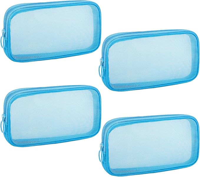 Sinzip 4 Pieces Mini Zipper Nylon Mesh Pouch, Mesh Cosmetic Bags Makeup Bags, Multipurpose Travel Toiletry Bags for Office Supplies and Travel Accessories (Blue, M)