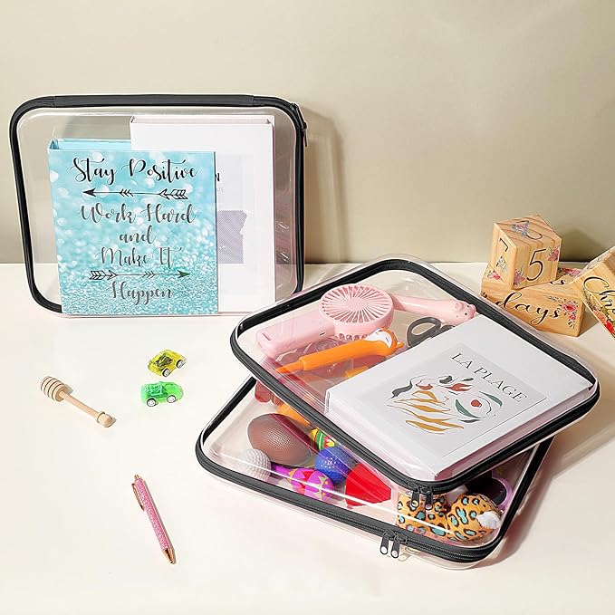 Hoolerry 3 Pcs Clear Hard Zipper Case Hard Plastic Zipper Pouch Makeup Bag Portable Travel Organizer for Cosmetics, Office Supplies, Documents & Toiletries(Black,L)