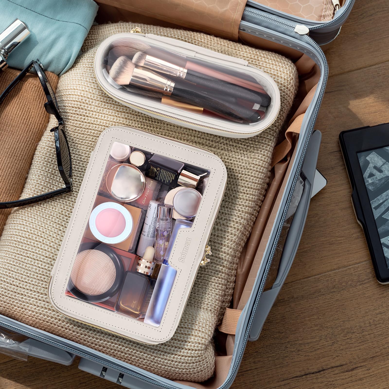 Soimeat Travel Clear Makeup Bag with Makeup Brush Bag, Leather Makeup Case Toiletry Bag, Portable Cosmetic Bag Case, Transparent Waterproof Cosmetic Organizer Storage Bag for Women, Medium, Off-White