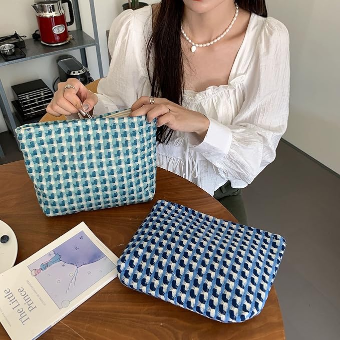 Flat Makeup Bag for Women,Zipper Cosmetic Pouch for Purse,Grid Lake Blue