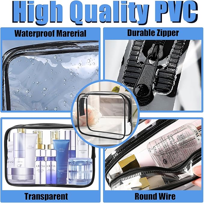 Eilyliafe 12 Pcs Clear Cosmetic Bag PVC Waterproof Zippered Clear Toiletry Carry Pouch Cosmetic Makeup Bag for Women Men Vinyl Plastic Organizer Case for Vacation Bathroom (Large, Black)