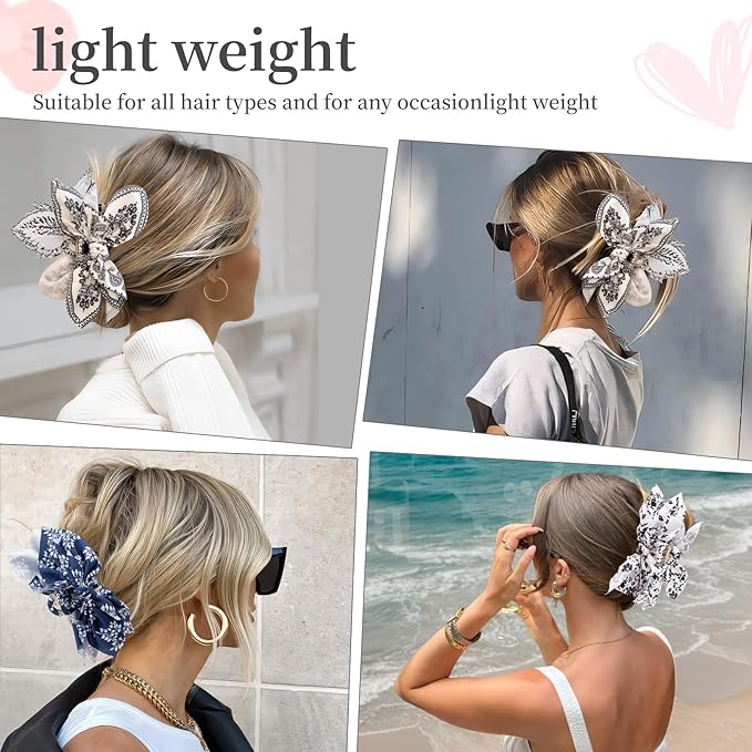 Hadutrek Bow Claw Clips Bow Hair Clips Blue White 3PCS Big Hair Bows for Women Butterfly Styling Large Hair Clips for Thick Hair for Girls Hair Accessories for Teen