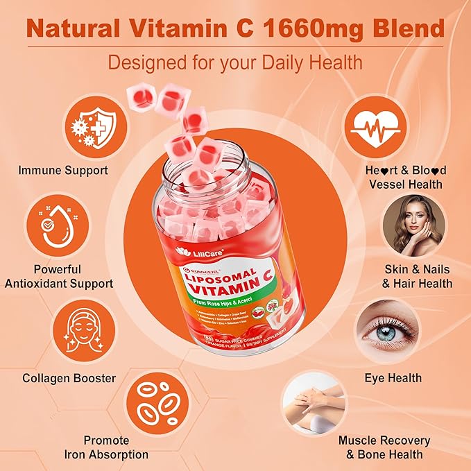 Natural Liposomal Vitamin C 1000mg Gummies for Adults & Kids 9+, Chewable Vitamin C w/ 11mg Zinc, D3, Elderberry, Echinacea,, Bioflavonoid, Immune Support, Whole Food VIT C from Fruits, Sugar Free