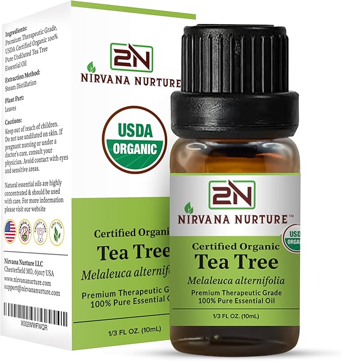 Nirvana Nurture Tea Tree Essential Oil, USDA Certified Organic, 100% Pure Undiluted, Aromatherapy Oil for Diffuser, Hair & Skin Care