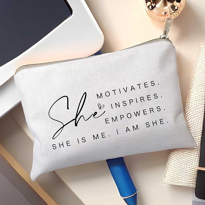 HubbgDesign She Motivates Inspires Empowers Makeup Bag She is Me Entrepreneurship Gift Women's Motivational Cosmetic Bags Powerful and Inspirational Travel Bag Gift for Her