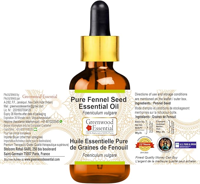 Greenwood Essential Fennel Seed Essential Oil (Foeniculum vulgare) with Glass Dropper | Pure | Non-Sticky | Non-Greasy | Lightweight | Men & Women | All Skin Types | Steam Distilled 5ml (0.16 oz)