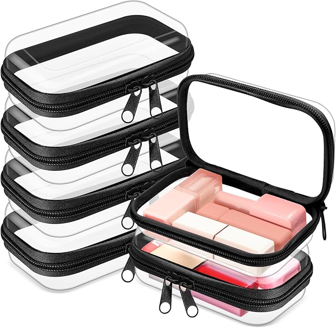 Sanwuta 6 Pcs Clear Hard Zipper Case Plastic Zipper Pouches Transparent Makeup Bag Pencil Case Pouches Toiletry Diaper Bag for Travel Toy Storage Organizer Bins(Black,5 x 3 x 2 Inch)