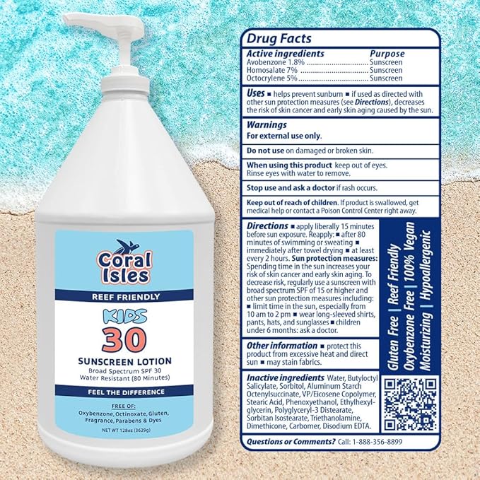 Coral Isles SPF 30 KIDS Sunscreen Reef Compliant Broad Spectrum 128 Fl Oz