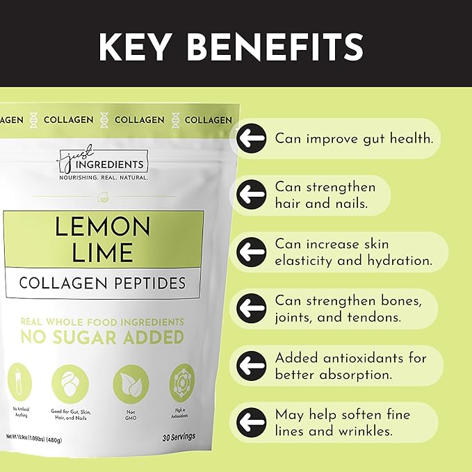 JUST INGREDIENTS Lemon Lime Collagen Peptides - Joint Support - 30 Servings