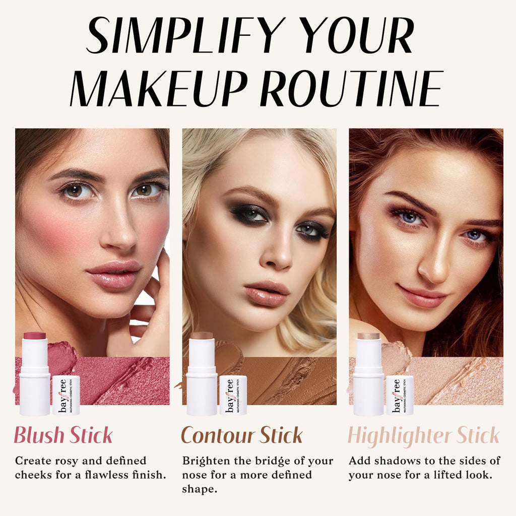 KIMUSE Face Sticks Trio, Cream Blush Stick & Highlighter Stick & Contour Stick for Sculpt the Cheeks, Long Lasting Cream Contour Stick Trio for Face Makeup, with Brush
