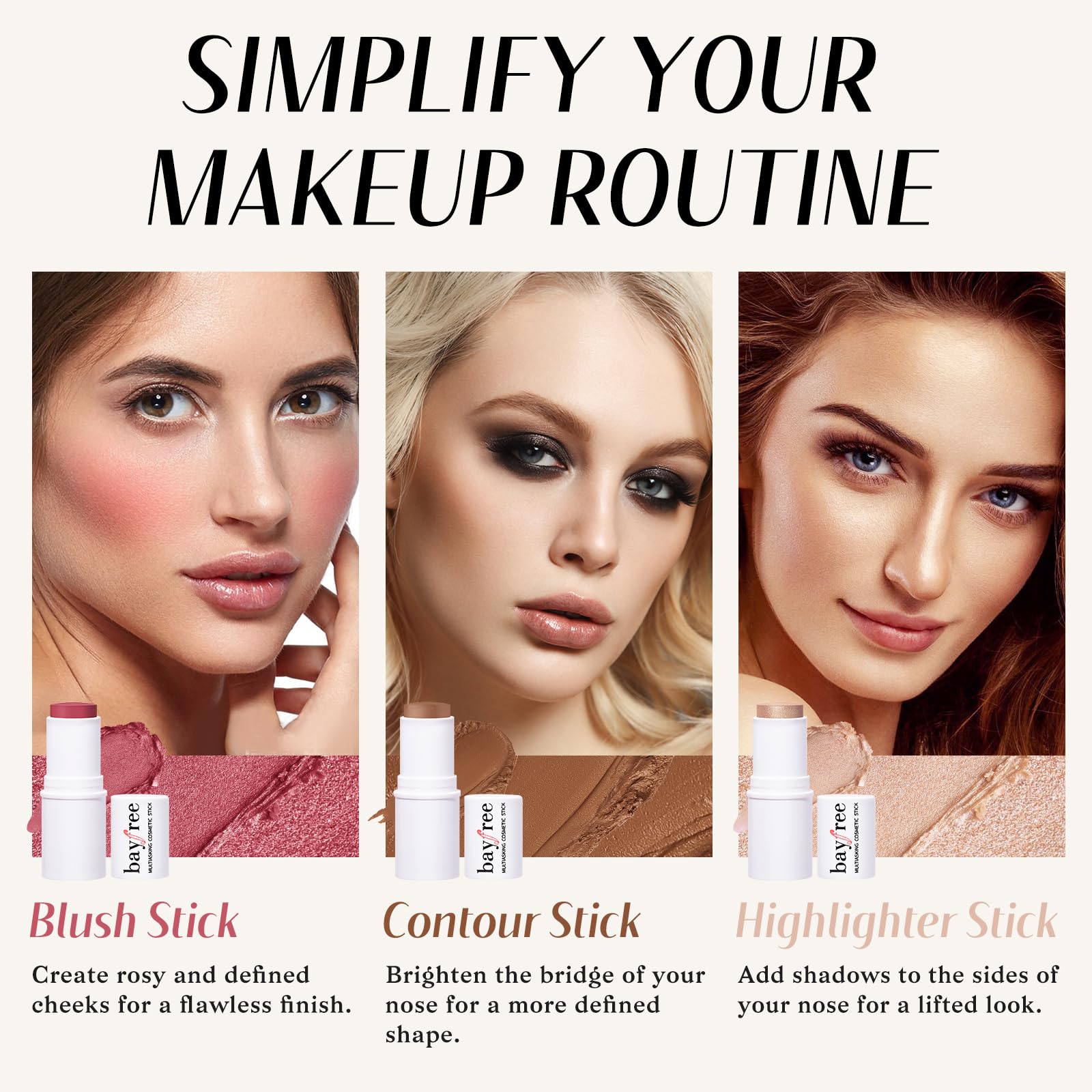 KIMUSE Face Sticks Trio, Cream Blush Stick & Highlighter Stick & Contour Stick for Sculpt the Cheeks, Long Lasting Cream Contour Stick Trio for Face Makeup, with Brush