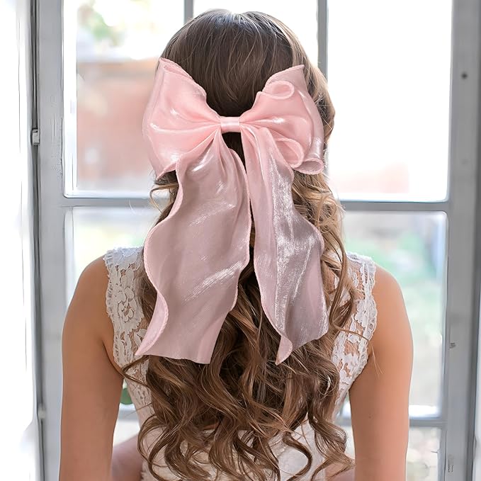 SmallCat 2Pcs Large Hair Bow Clips, Pink Silk Lace Ribbon Bow for Women, Elegant Long Tail Bowknot French Hair Styling Barrette for Wedding, Parties, Daily Use
