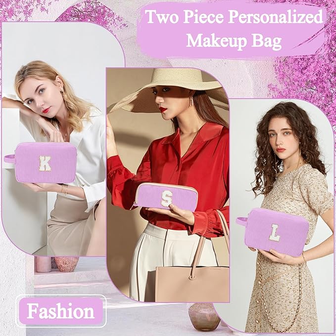 Sernaxi Personalized Initial Makeup Bag Trendy Stuff Corduroy Cosmetic Bag Travel Toiletry Bag, Valentine’s Day Gift Makeup Organizer Case & Makeup Pouch for Women teen Girls Mom Girlfriend Wife