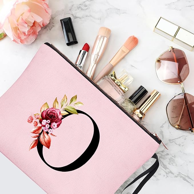 Vavabox A-Z Personalized Makeup Bag, Birthday Gifts for Women Mom, Gifts for Best Friend, Bride Bridesmaid Cosmetic bag (O, 06-Pink)