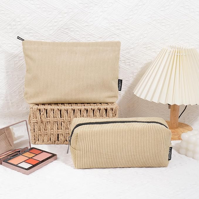 MAGEFY Small Makeup Bag 2 Pcs Corduroy Makeup Bag for Purse Zipper Make up Bag Travel Cosmetic Bag for Women Makeup Pouch for Travelling Preppy Stuff - Beige