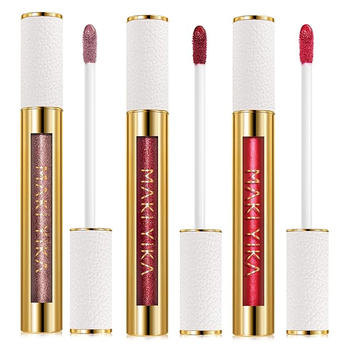 MAKI YIKA 3Pc Metallic Lipstick Long Lasting Nude Pink Red Glitter Lipsticks