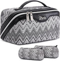 BOYATU Travel Makeup Bag for Women: Western Boho Make up Bag Set of 3 - Large Capacity Vegan Leather Cosmetic Bag - Waterproof Toiletry Bag with Compartments & Handle & Divider(J-3-Black)