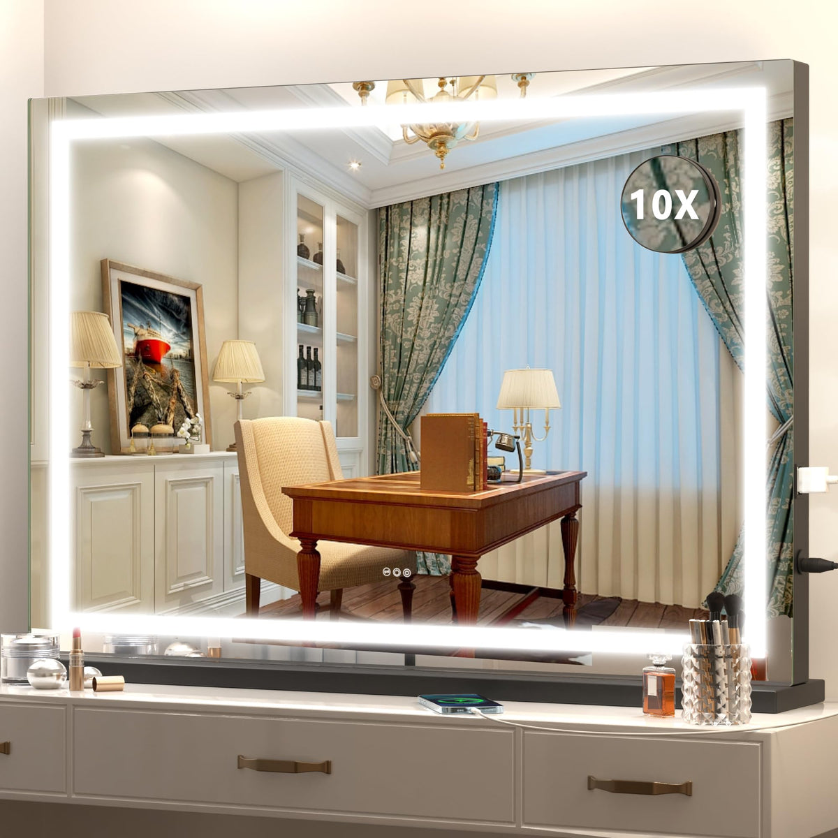 Hasipu Vanity Mirror with Lights, 27.6" x 20" LED Makeup Mirror, Lighted Makeup Mirror with Dimmable 3 Modes, Touch Screen Control Vanity Mirror Round Gold