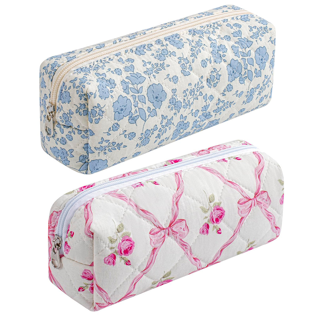 HHQQWZ Cute Floral Cotton Makeup Brush Cosmetic Bag for Women, Travel Quilted Zipper Make Up Bag, Flowers Toiletry Organizer Case Kawaii Makeup Cosmetic Travel Cloth Pouch (Navy Blue Flower)