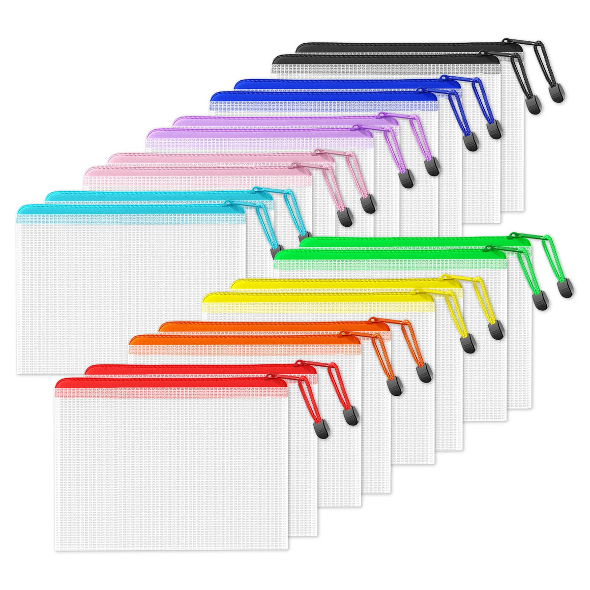 SUNEE Plastic Mesh Zipper Pouch 6.8x9.2 in (9 Colors, 18 Packs),Extra Large Water-Resistant Zip Bag for School Office Supplies, Puzzles & Games Organizing Storage