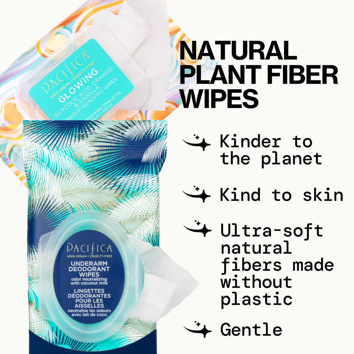 Pacifica Underarm Deodorant Wipes & Makeup Remover Face Wipes Bundle – Aluminum-Free Odor Control & Facial Cleansing Towelettes, 2-Pack (30ct Each, 60 Total) – Vegan, Cruelty-Free Travel Essentials
