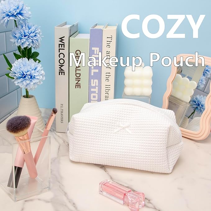 PAZIMIIK Cozy Makeup Bag for Women,Zipper Cosmetic Pouch,Waffle White