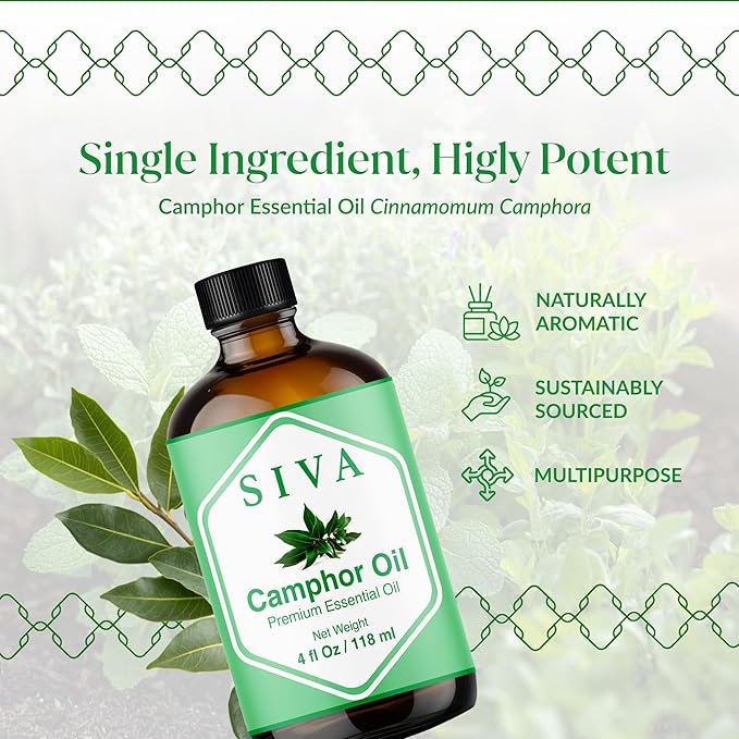 Siva Camphor Essential Oil 4 Fl Oz – for Diffuser, Skin & Hair Care – Ideal for Massage & DIY Blends- with Dropper