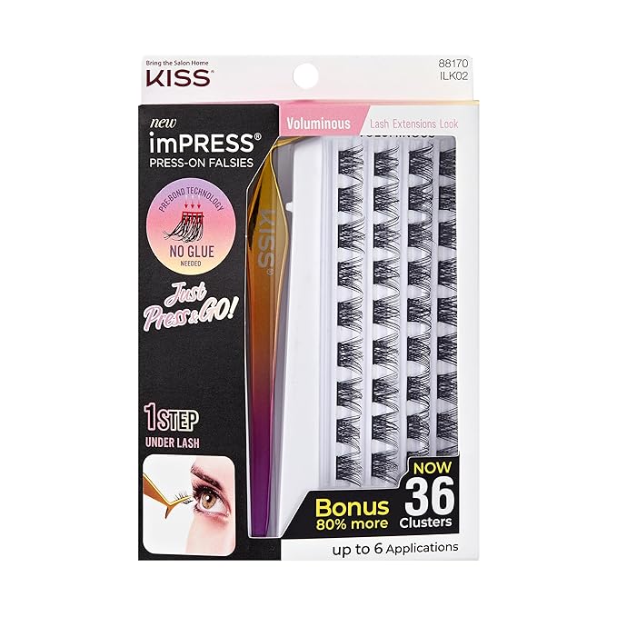 Kiss Impress Falsies Self Adhesive Eyelashes, Press On Lashes, 12mm-14mm Glam Volume Lashes, Black, No Glue Needed, Invisible Band, 36 Lash Clusters & Non-Stick Applicator - Voluminous