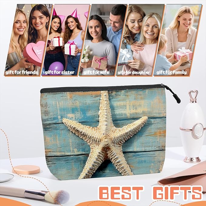 Scribesense Cosmetic Bags Travel Makeup Toilet Case Waterproof Pouch for Women Girls 6.7X9.45inches - Starfish on A Weathered Blue Wooden Board