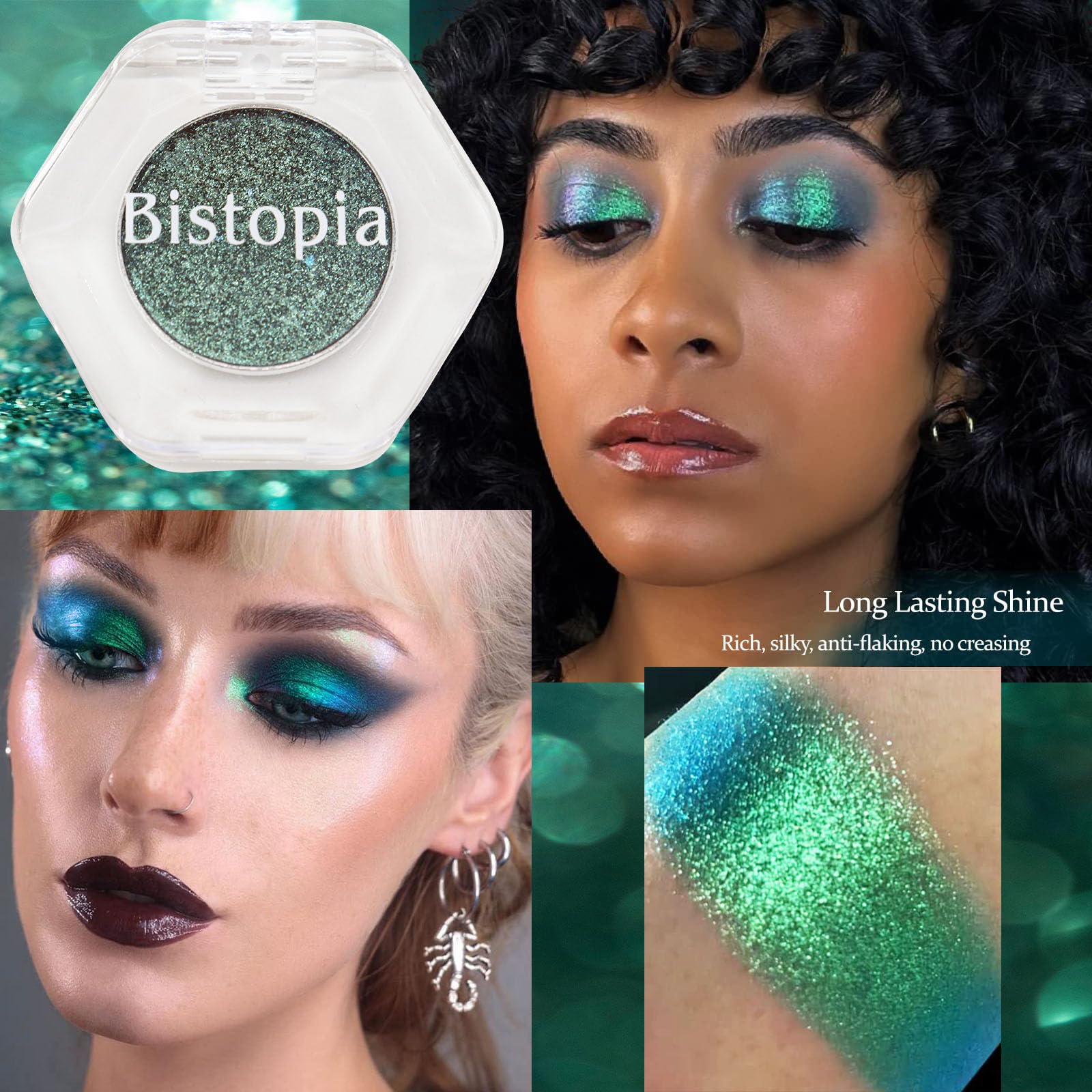 Bistopia Holographic Glitter Single Eyeshadow, Pearlescent Shimmer Metallic Cream Powder Eye Makeup, Blendable Long Lasting Waterproof, Multi-Use Face Highlighter, 2g(Time Lapse)