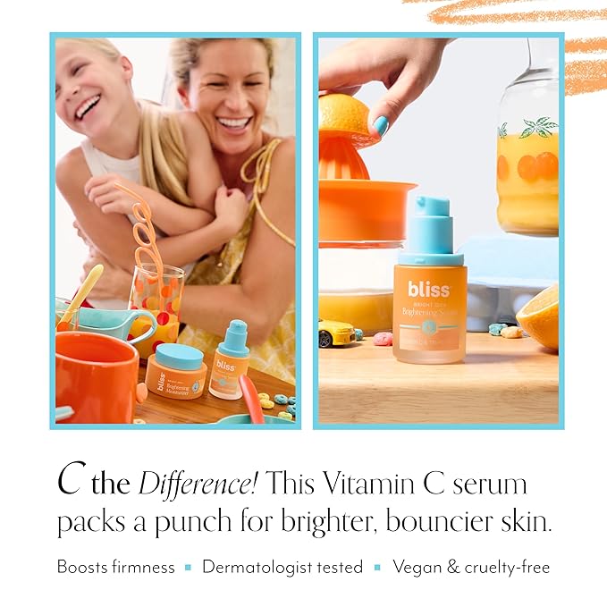 Bliss Vitamin C + Tri-Peptide Face Serum - Stabilized Vitamin C for Dark Spots, Fine Lines & Firmness - Brightening Serum with Collegen Boosting Peptides, Hyaluronic Acid, Squalane - 1 Fl Oz