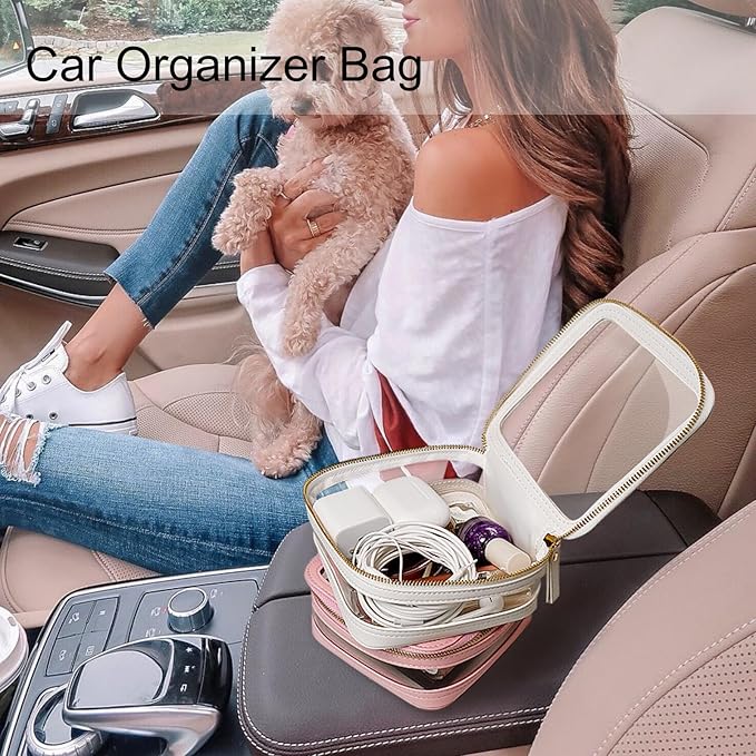 Yeeits Clear Makeup Bag Travel Size Toiletry Bag Organizer Case Quality PU Leather Transparent Small Cosmetic Bag Car Bag for Essentials with Durable Zipper (Pink)