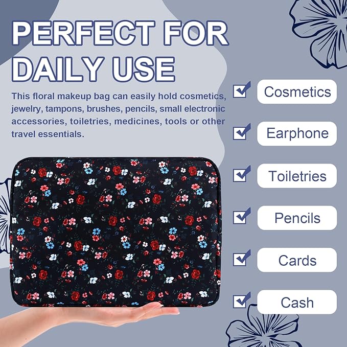 UIXIZQ Waterproof Large Floral Makeup Pouch,Nylon Travel Toiletry Storage Purse Preppy Cosmetic Bag for Women Girl,Large Capacity Makeup Organizer Zipper Pouch for Work(L Black-Flowers)