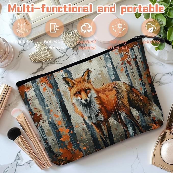Scribesense Cosmetic Bags Travel Makeup Toilet Case Waterproof Pouch for Women Girls 6.7X9.45inches - Red Fox Gazing Intently in An Autumn Wilderness