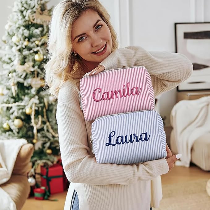 Ajiangwu Personalized Makeup Bag with Embroidered Name&Birth Flower for Bridesmaid Gifts,Custom Small Travel Cosmetic Bag Toiletry Bag Wedding Gifts for Bride