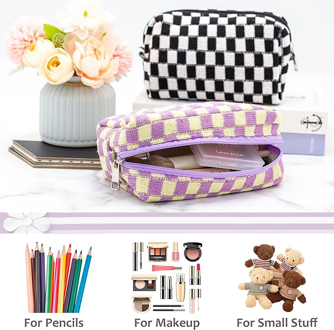 Checkered Makeup Bag for Purse, Small Travel Cosmetic Pouch,Purple,6 Pack