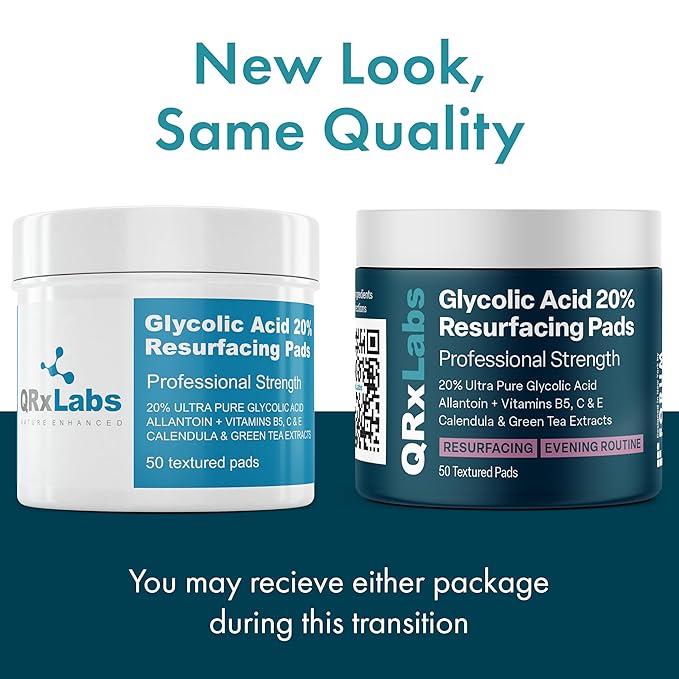 QRxLabs Glycolic Acid Pads - 20% Resurfacing Pads AHA for Face & Body - Exfoliates Skin Surface and Reduces Appearance of Fine Lines and Wrinkles - Acne Treatment Clearing - Daily Pads - 50ct