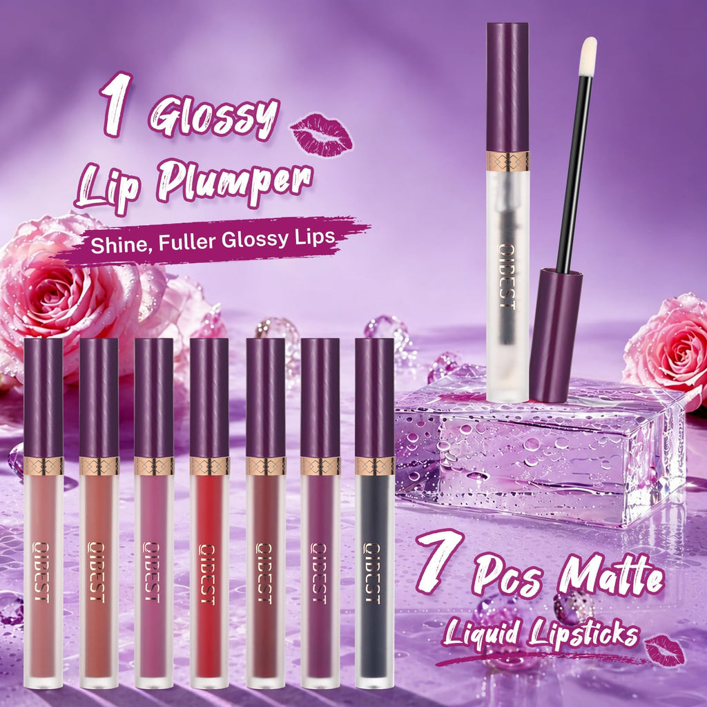QiBest 7Pcs Matte Liquid Lipstick wiith 1Pc Lip Plumper Makeup Set, Dark Black Purple Lipstick Goth Halloween Lip Set Waterproof Lip Gloss Kit Pigmented Long Lasting Lipstick Makeup for Women & Girls