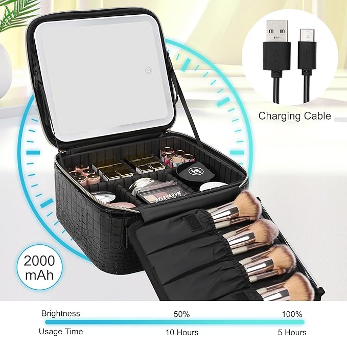 Relavel Makeup Train Case With LED Mirror, Professional Travel Cosmetic Bag with Removable Partitions,Compact Makeup Organizer, Waterproof Toiletry Case for Women, Black
