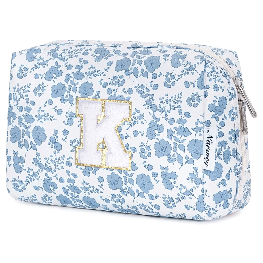 Narwey Birthday Gifts for Teen Girls Kids Women Personalized Initial Floral Makeup Bag Cute Cosmetic Trendy Stuff 6 8 10 11 12 13 14 16 18 Years Old Travel Toiletry Bag (Little Blue Flower K)