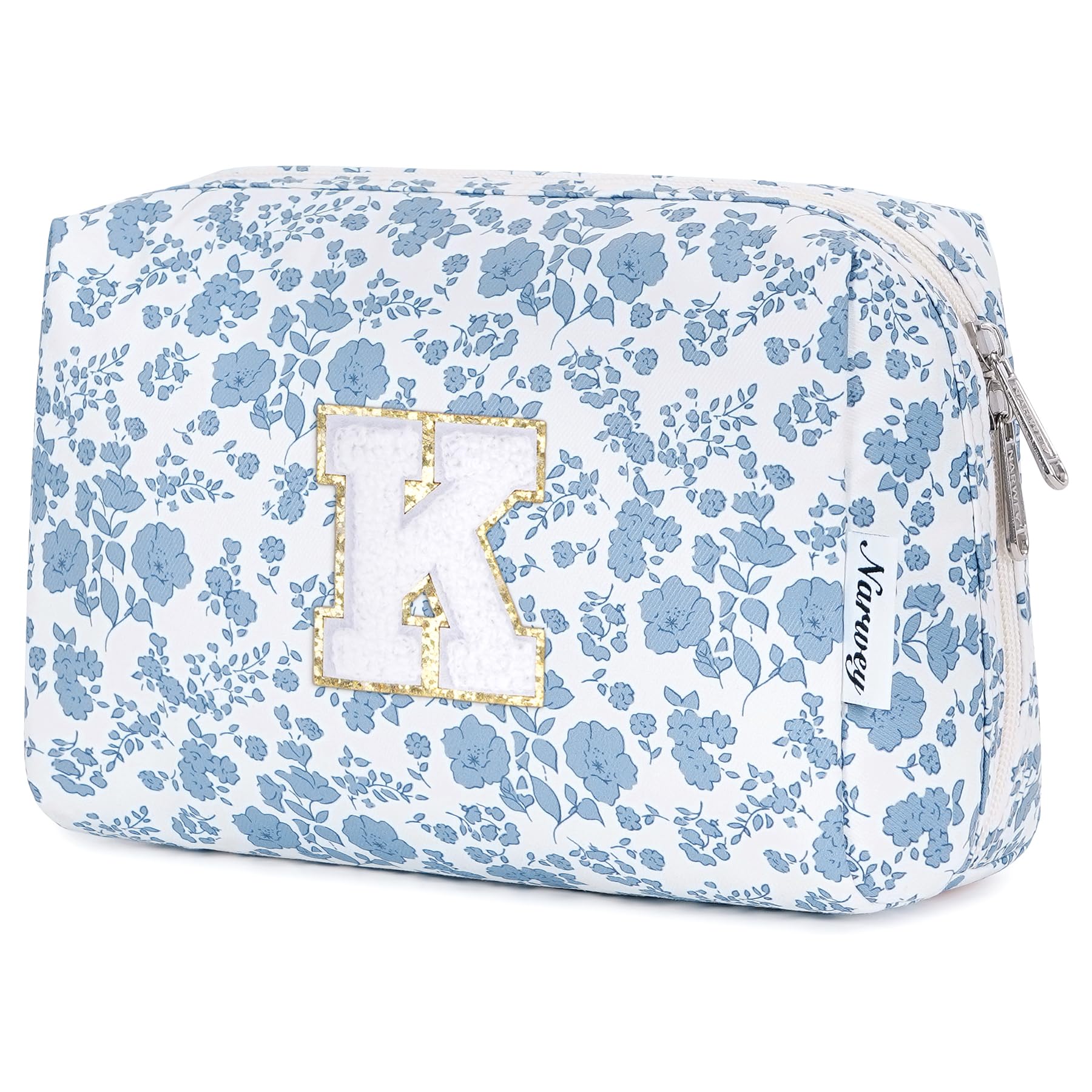 Narwey Birthday Gifts for Teen Girls Kids Women Personalized Initial Floral Makeup Bag Cute Cosmetic Trendy Stuff 6 8 10 11 12 13 14 16 18 Years Old Travel Toiletry Bag (Little Blue Flower K)